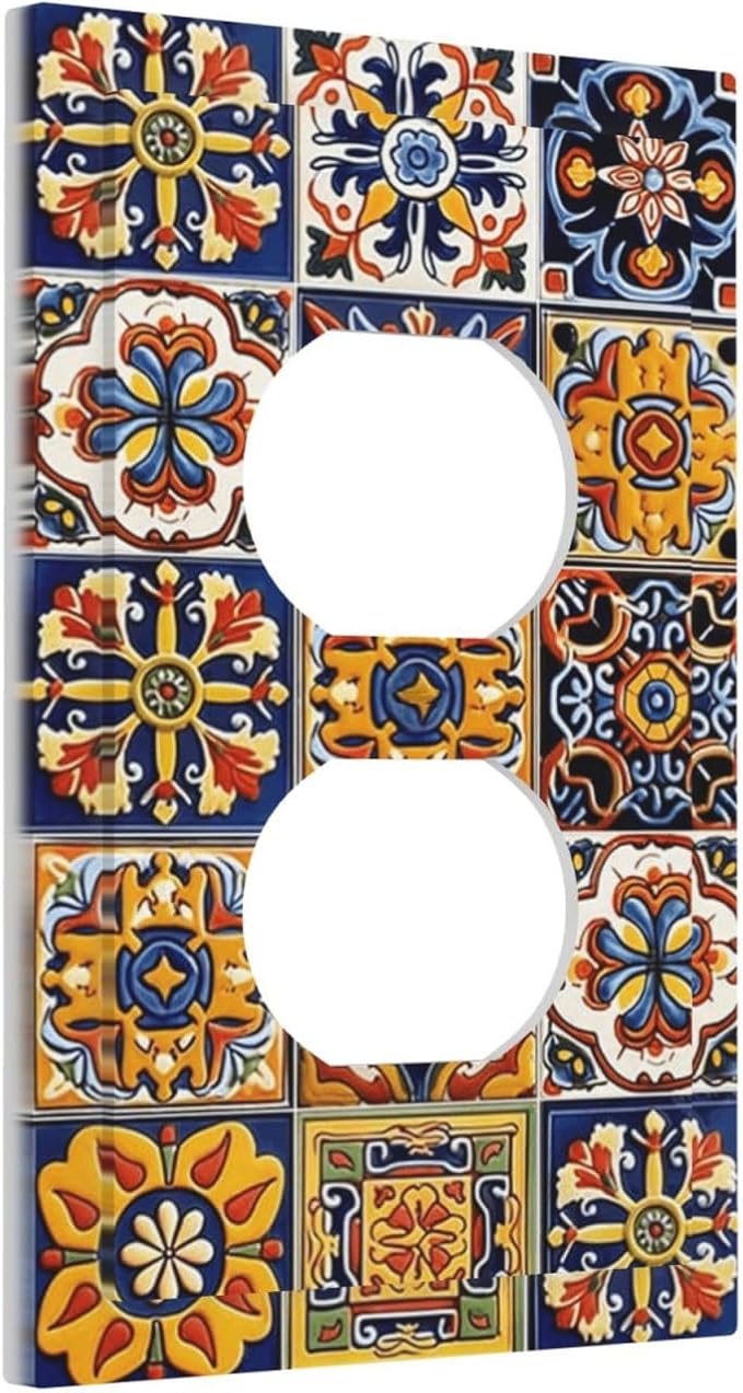 Mexican Talavera Tiles Flower Vintage Outlet Covers 1 Gang Duplex Light Switch Cover Decorative Switch Plates Electrical Receptacle Faceplate Wall Plate for Kitchen Bathroom Decor