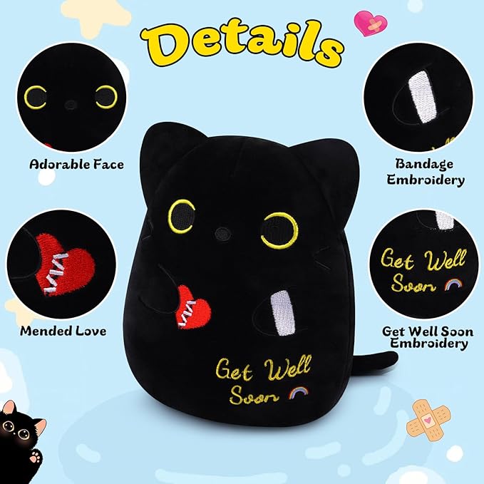 Get Well Gifts Black Cat Plush, 8 inch Black Cat Stuffed Animals Get Well Soon Gift for Kids Women, Cute Cat Plush Pillow Soft Stuffed Cat Feel Better Gifts for After Surgery