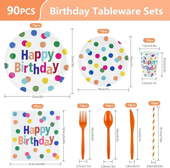 Happy Birthday Plates and Napkins Party Supplies Set,90Pcs Birthday Plates and Napkins Tableware Sets with Forks Cups,Disposable Colorful Birthday Party Decorations