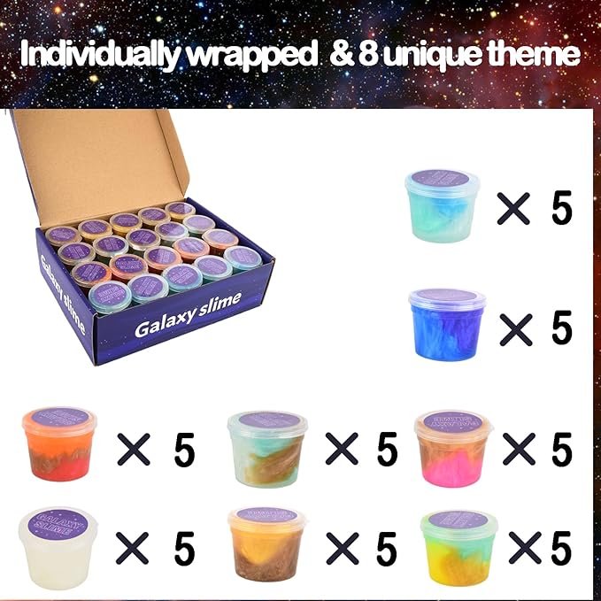 Galaxy Slime Kit 40 PCS, Kids Party Favors, Gift Exchange, Non-Sticky, Non-Toxic and Mess-Free, Goodie Bag Stuffers, Sensory Toys for Boys Girls, (8 Style)