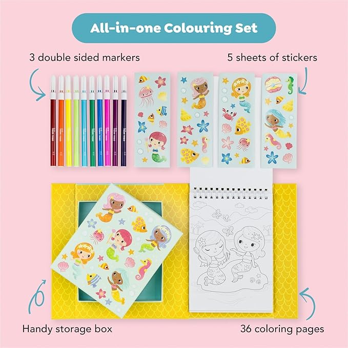 Tiger Tribe Coloring Set - Mermaids, Activity Set for Kids, incl. Stickers & Markers Portable Storage Box, Perfect for Travel, Great Gift