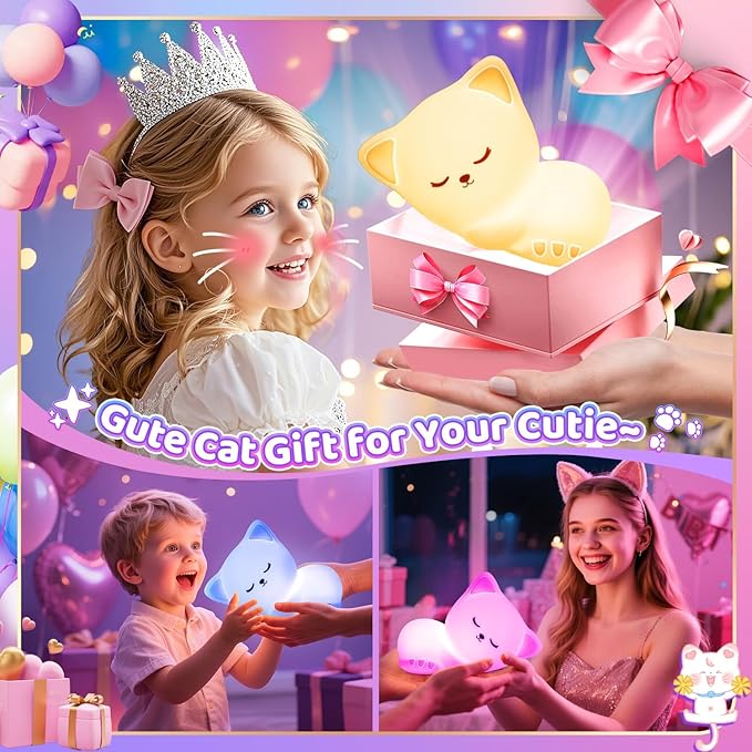 Night Light for Kids,16 Colors Cat Lamp Cute Lamp,Dimmable Baby Night Lights for Nursery,Silicone Rechargeable Nightlight for Kids Room,Kawaii Room Decor,Cat Themed Gifts,Valentines Day Gifts for Kids