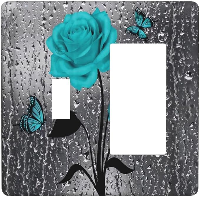 Romantic Aqua Teal Blue Rose Flower Floral Butterfly Decorative Single Toggle/Rocker Combo Light Switch Cover 2-Gang Electrical Wall Plate Double Combination Switch Decorator GFCI Receptacle Cover