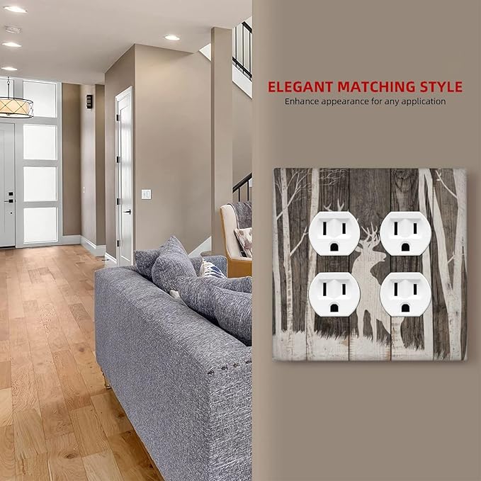 Vintage Wood Forest Deer Wildlife Animal Silhouette Outlet Covers 2 Gang Double Duplex Decorative Light Switch Covers Electrical Wallplates Socket Faceplate for Farmhouse Home Decor