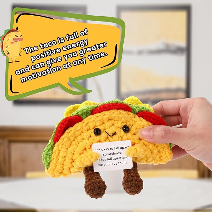 TOYMIS Funny Positive Life Taco, 5.12x4.33 Inch Emotional Positive Support Taco Inspirational Crochet Taco with Encouragement Card Knitted Taco Doll Positive Gift for Friends Home Decoration