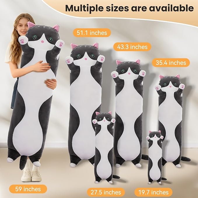 Cute Cat Plush Long Body Pillow – Soft Cartoon Stuffed Animal Doll, Kawaii Cat Plushie Cuddle Toy for Kids, Girls & Girlfriend (Black, 27.5 Inch)
