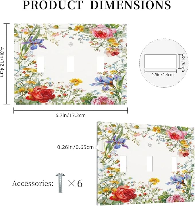 Decorative Light Switch Cover Plate Rustic Red Flower Garden Floral 3 Gang Wall Plates for Electrical Outlets Triple Toggle Switch Plate Covers Outlet Covers Faceplate for Country Home Decor