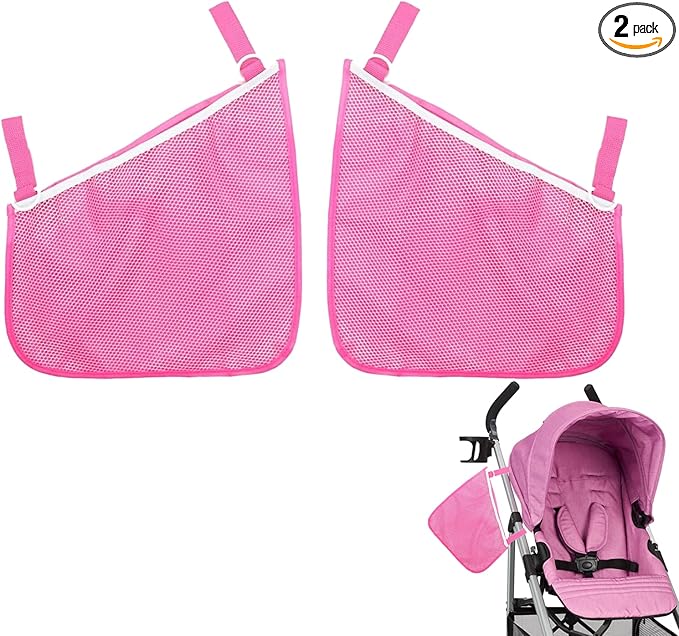 2 Pack Side Sling Cargo Stroller Net, Universal Stroller Organizer Bag, Non-Slip and Adjustable Straps Storage Mesh Cargo Net for Stroller Storage (Pink)