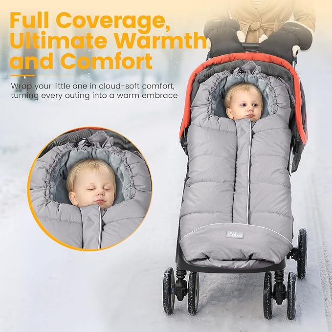 Orzbow Universal Stroller Footmuff, Winter Baby Bunting Bag for Stroller - Baby Sleeping Bag with Coral Fleece Lining for Cold Weather, Water-Repellent, Winter Must Have for Toddler Kids, Light Grey