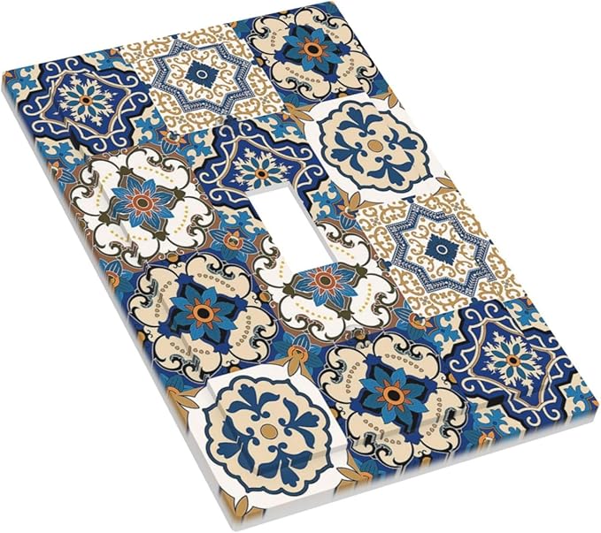 Decorative Light Switch Cover Mandala Decorative Tile Talavera Moroccan Tiles 1 Gang Single Toggle Decorator Outlet Wall Plate Device Electrical Faceplate Switchplates for Bedroom