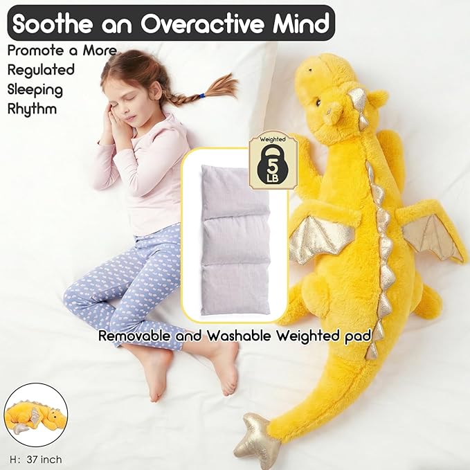 ARELUX Giant Weighted Winged Dragon Plush Toy - 35.4" 5lbs Soft Stuffed Animal, Pterosaur Plushie Fuzzy Dinosaur Pillow Plushies Cuddly Removable and Washable Yellow