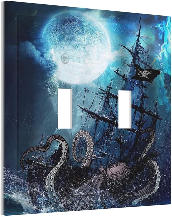 Moon Ocean Nautical Octopus 2 Gang Double Toggle Light Switch Cover Electric Wall Plate Electrical Faceplate for Bathroom Home Living Room Jumbo Size Decor