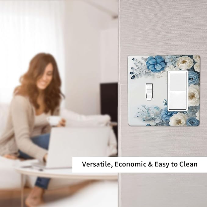 Decorative Outlet Covers Blue Rose White Flowers Rustic Floral 2 Gang 1 Gang Wall Plate Cover Single Toggle Rocker Combination Light Switch Cover Plate Jumbo Face Plate