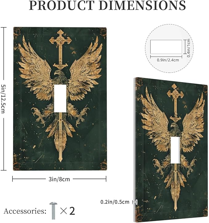 Medieval Retro Golden Eagle Totem Decorative Light Switch Cover 1 Gang Single Toggle Device Electrical Faceplate Switchplates Decorator Outlet Wall Plate for Bedroom Living Room Decor