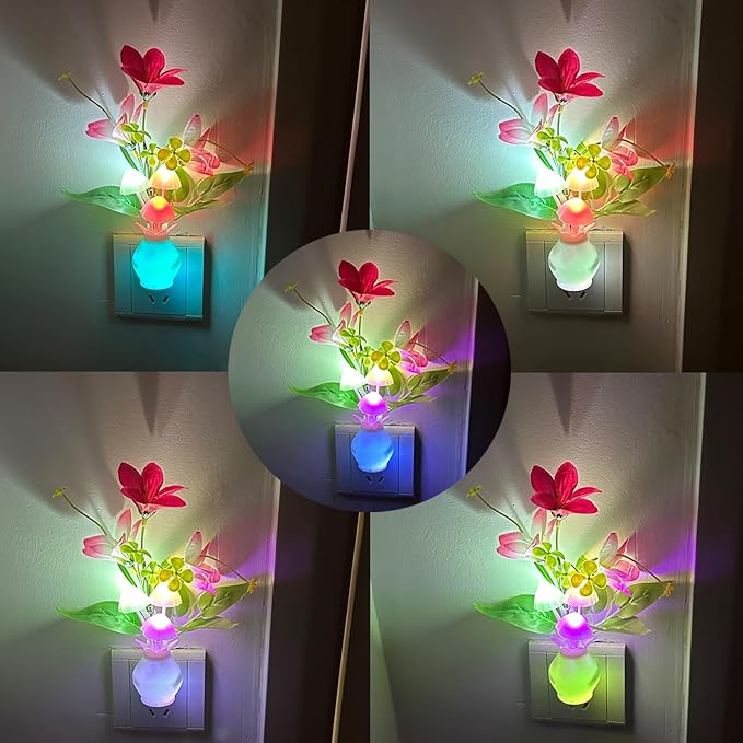 Plug-in Night Light with Auto Light Sensor, RGB LED Mushroom Night Light Wall Based Flower Lamp 1W Energy Efficient Nursery Nightlight for Kids Room, Bedroom, Nursery, Lounge, Hallway and Stairs