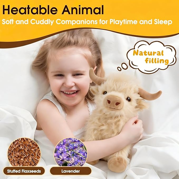OROZCOR Microwavable Highland Cow Stuffed Animal, Weighted Highland Cow Plush Toys, Cute Weighted Stuffed Animals Gifts for Adult Kids Girls Boys (Microwavable White)