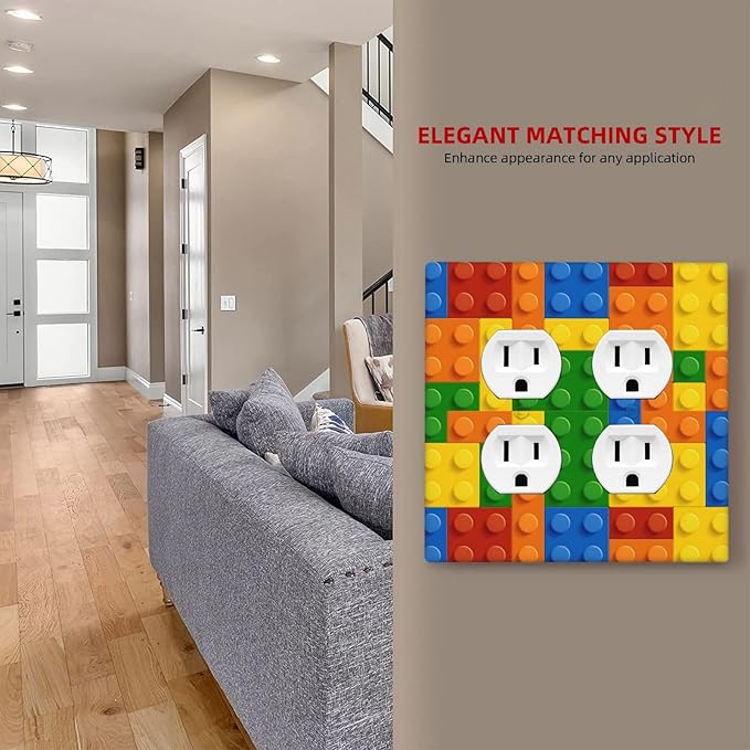 Building Blocks Theme Colored Bricks Print Outlet Covers 2 Gang Double Duplex Decorative Light Switch Covers Electrical Wallplates Socket Faceplate for Room Office Home Decor