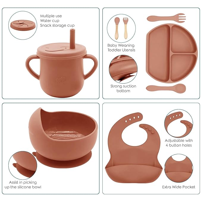 100% Silicone Baby Feeding Set, 9 Pcs: Bib, Divided Plate, Bowl, Sippy Cup, Spoons & Forks (Carrot)
