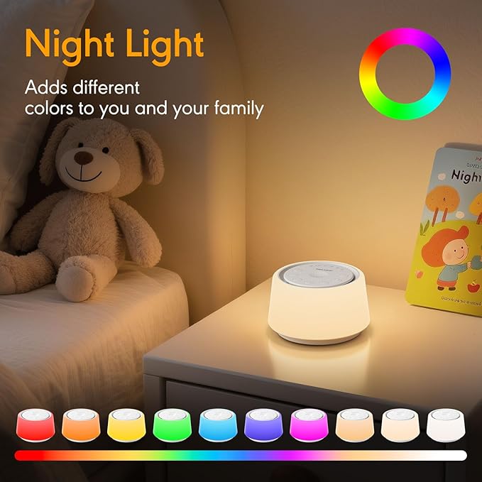 White Noise Machine with Night Light, 30 Soothing Sounds Portable Sound Machine for Baby and Adults, 10 Color Night Light, 5 Timer Options, Memory Function,Compact for Travel (White)