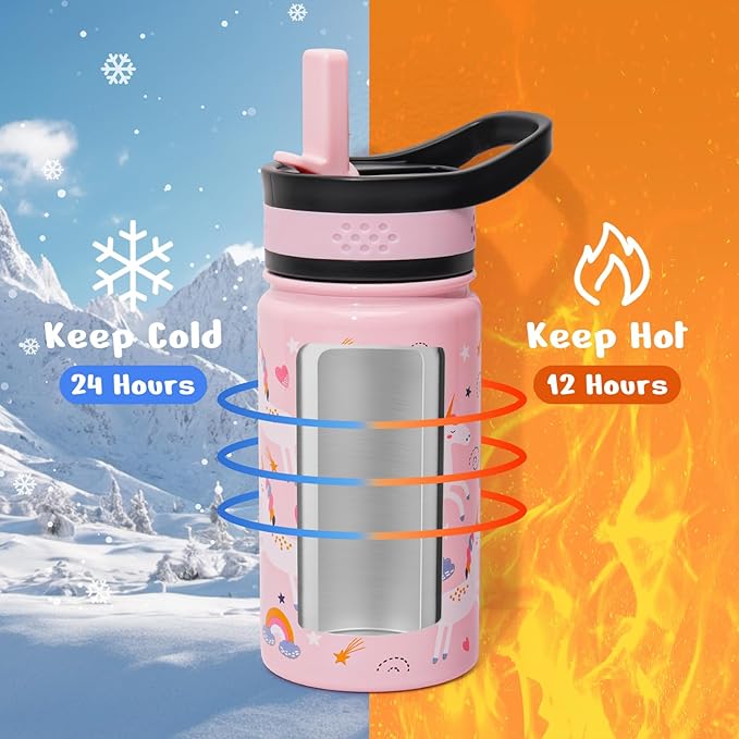 2-Pack Kids Water Bottle, BUZIO 14 oz Toddler Stainless Steel Insulated Water Bottles with Tritan Straw Lid, Leak Proof BPA-Free Wide Mouth Drink Flask for Shcool Boy Girl (Pink Unicorn+Blue Dinosaur)