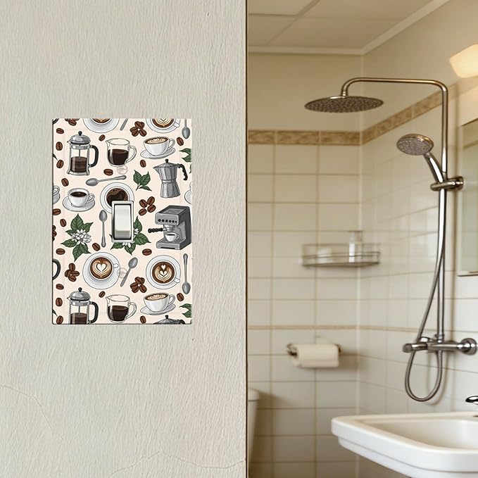 Whimsical Coffee Shop 1-Gang Toggle Light Switch Plate, Vintage Coffee Culture Espresso Decorative Wall Plate for Dining Room Decor
