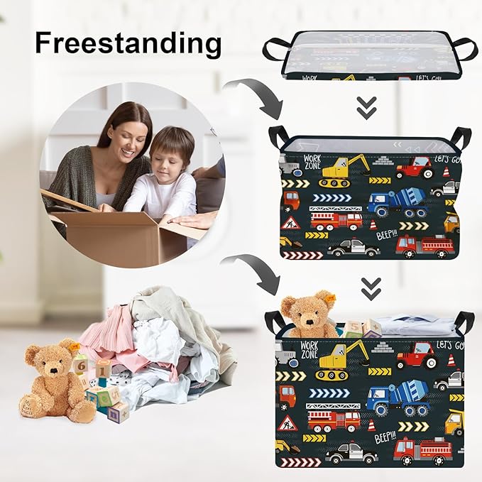 Clastyle City Car Baby Laundry Hamper Kid Storage Basket Boy Gift Toy Box Collapsible Clothes Organizer Nursery Bin for Bedroom,Fire Truck,40 * 30 * 30 cm