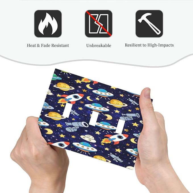 Decorative Light Switch Cover Plate Space-themed Rocket Spaceship 3 Gang Wall Plates for Electrical Triple Toggle Switch Plate Covers Outlet Covers Faceplate for Children's Room Decor
