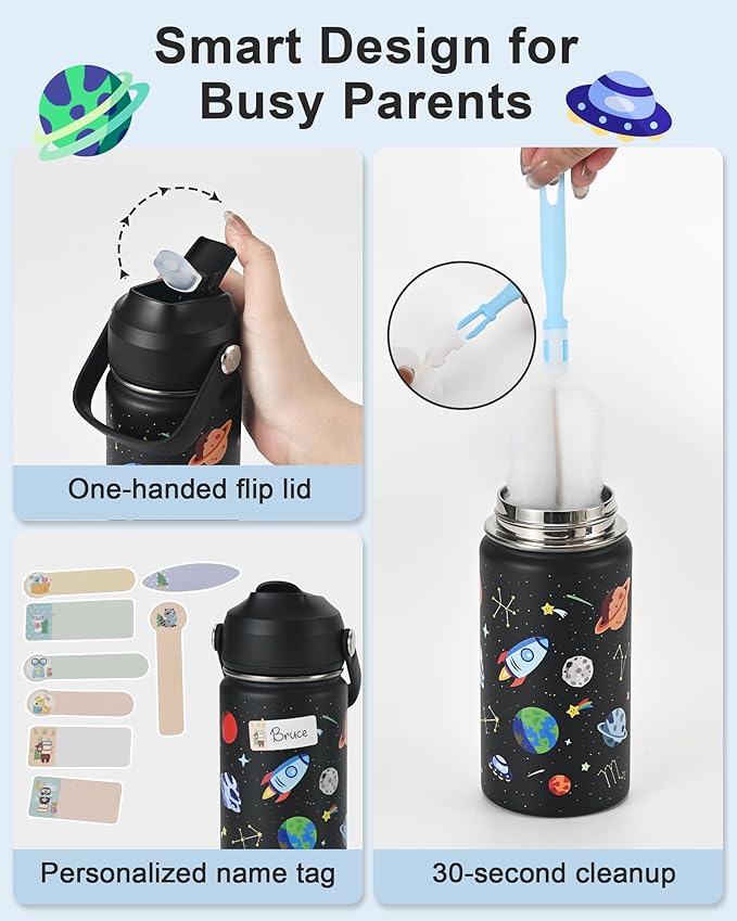 Kids Water Bottle 14oz with Silicone Straw Lid - Insulated Toddler Water Bottle Stainless Steel Keeps Cold 24H, Leak Proof & Universe Stars Prints Design | Custom Name Tag for School, Daycare, Travel