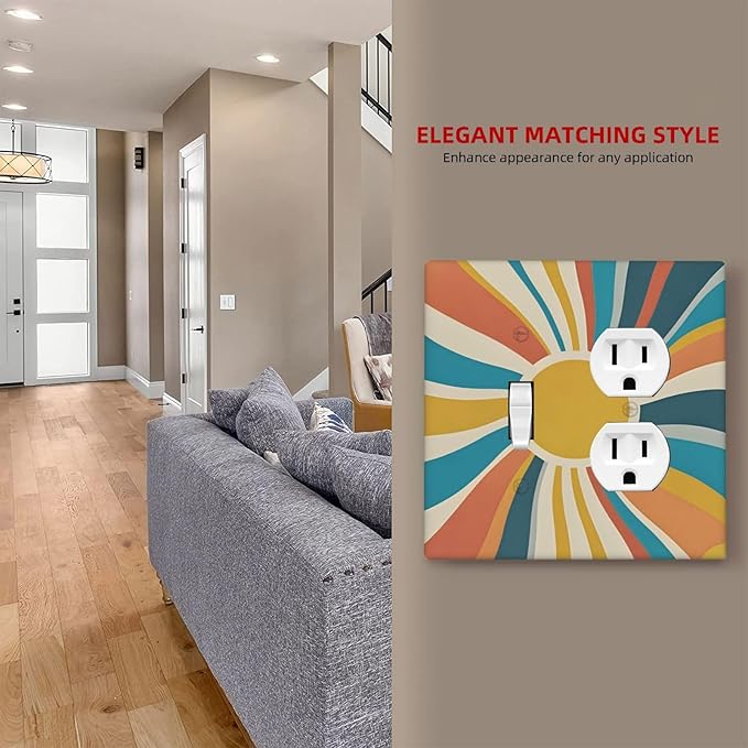 Decorative Switch Cover Plate with Retro Mid-Century Modern Sunburst Motif Design Toggle Duplex Wall Plate 2 Gang Light Switch Cover Outlet Covers for Abstract Teal/Yellow/Orange Wall Decor