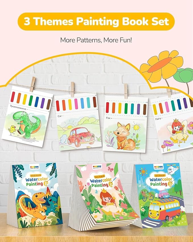 TECJOE 3 Pack Paint with Water Coloring Books for Toddlers, Mess Free Watercolor Painting Set with 6 Brushes, Travel Art Craft Toys Birthday Gifts for Kids Ages 3-8, Traffic, Princess & Dinosaur