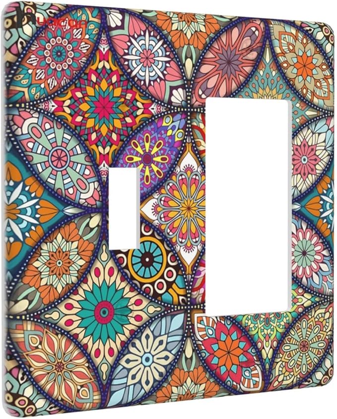 Boho Floral Pretty Colorful Mandala Flowers Outlet Covers 1 Toggle 1 Rocker Combination Decorative Wall Plate Electrical Switch Plates Light Switch Cover Plate for Bedroom Living Room Decor