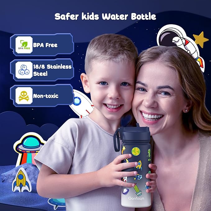 Kids Water Bottle, 2-Pack 16oz Kids Water Bottle with Stickers for School, insulated Stainless Steel Straw Cup(Sapphire+Gray)