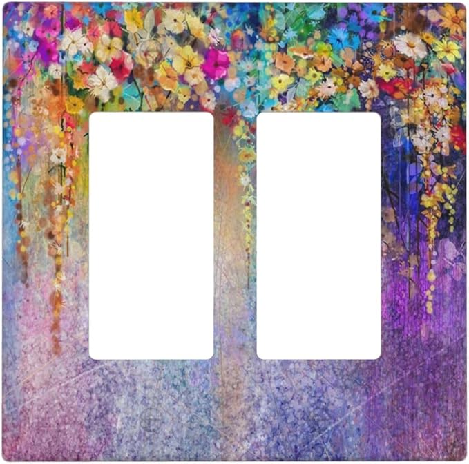 Colorful Floral Watercolor Flower 2 Gang Rocker Decora Light Switch Cover Decorative Purple Outlet Covers Wall Plate Electrical Faceplate Switchcovers GFCI for Farmhouse Bathroom Bedroom Decor