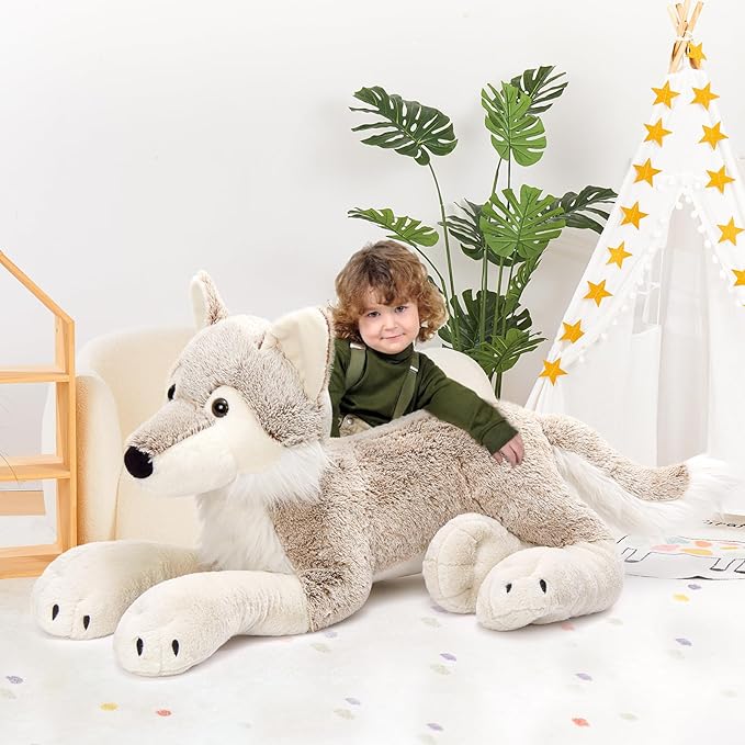 MaoGoLan Large Wolf Stuffed Animal for Boy, Giant Wolf Plush Toy for Girl, Stuffy Coyote for Kid, Realistic Stuffed Coyote Plush Pillow for Birthday Easter Gifts Baby Shower Party Decor, 47 inches
