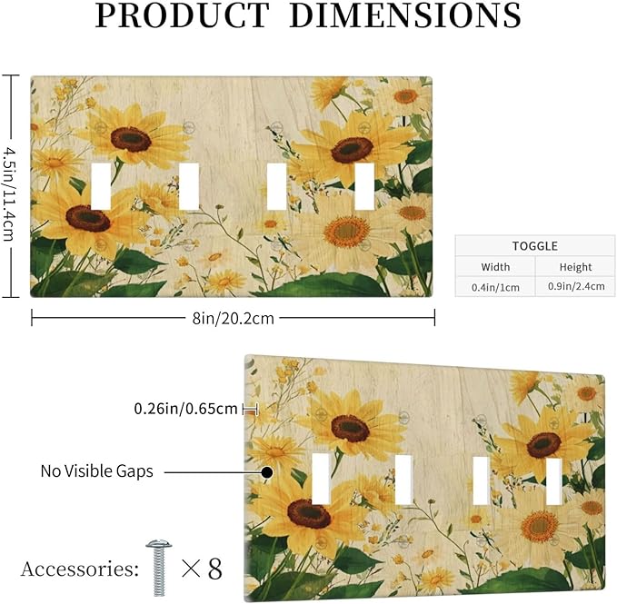 Decorative Switch Plate Cover with Vintage Botanical Sunflower Field Design 4 Gang Artistic Wall Plate Unique Quad Toggle Light Switch Covers for Nature Yellow Blooms Wall Decor