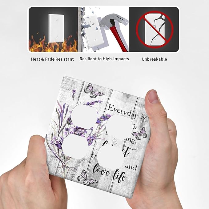 Decorative Outlet Covers Lavender Flower Purple Floral Butterfly on Plank Inspirational quotation 2 Gang Wall Plate Double Duplex Light Switch Cover Switch Plate Covers Faceplate