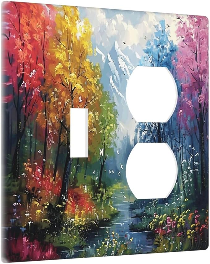 Colorful Forest Snow Mountain River Oil Painting Style Wallplates 1 Toggle 1 Duplex Switch Plate Electrical GFCI Faceplate Decorative Light Switch Covers for Bedroom Living Room Decor