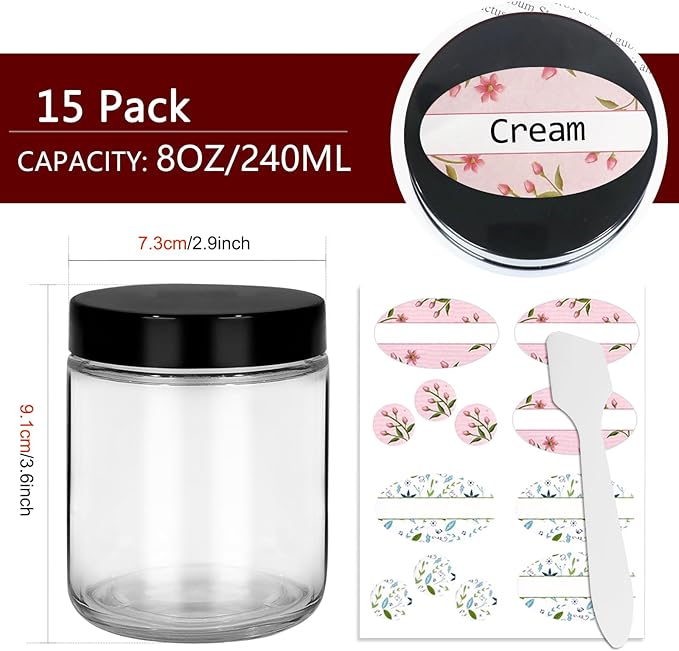 8 oz Clear Glass Jars with Plastic Lids - 15 Pack 240 ml Round Empty Candle Containers, Jars, Canning Jar for Candle Making, Spice, Food Storage, Sample