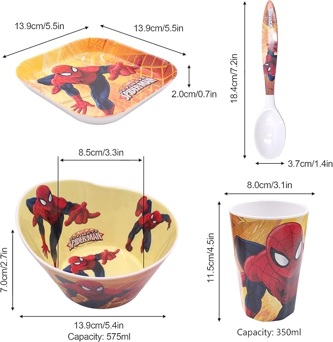4 Pcs Set Cartoon Durable Tableware Meal Dishes Mealtime Food Feeding Eating Set includes Dinner Serving Bowl Plate Cup with a Matching Spoon and Fork