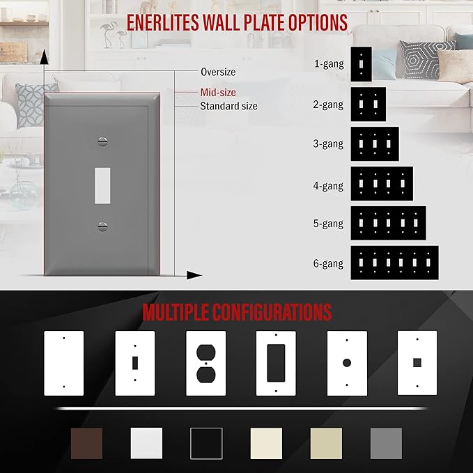 ENERLITES Toggle Light Switch Wall Plate, Gloss Finish, Mid-Size Single Gang 4.88" x 3.11", Unbreakable Polycarbonate Thermoplastic, UL Listed, 8811M-GY, Gray