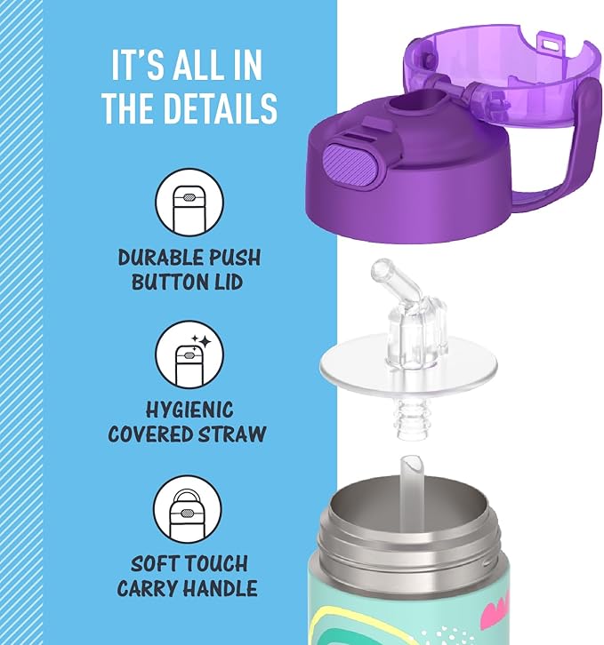 THERMOS FUNTAINER Water Bottle with Straw - 12 Ounce - Kids Stainless Steel Vacuum Insulated Water Bottle with Lid, Rainbows