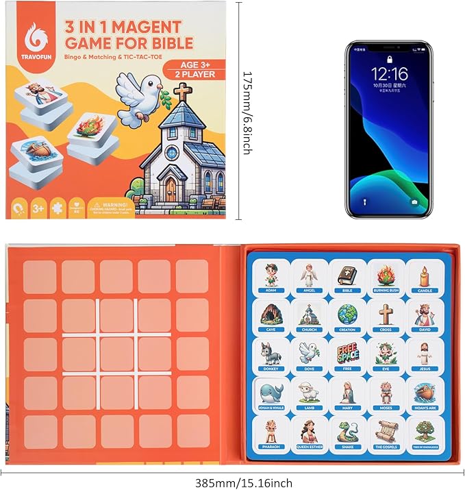 TRAVOFUN Bible Memory Matching Game for Kids - 3-in-1 Magnetic Travel Toy Set with 50 EVA Pieces, Tic-Tac-Toe & Storytime Bingo, Christian Educational Sunday School Games & Church Activities Gift