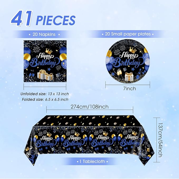 Blue and Black Birthday Decorations,Birthday Plates and Napkins Party Supplies Include Disposable Paper Plates Napkins Tablecloth,for Men Women Bday Party Dinner Decorations,Serves 20