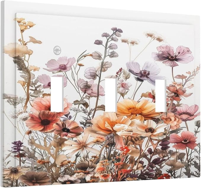 Boho Nursery Wildflower Flora Vintage Flower Decorative Switch Plates 3 Gang Wall Plate Triple Toggle Light Switch Cover Faceplate Electrical Wall Panels for Bedroom Living Room Decor
