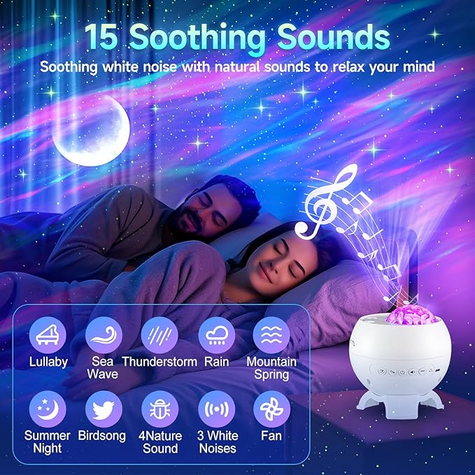Sound Machine White Noise Machine for Sleeping, 15 Soothing Sounds & Bluetooth Speaker Aurora Light Projector, 15Colors White Noise Sound Machine for Sleep Therapy for Adults & Kids Red Light Lamp