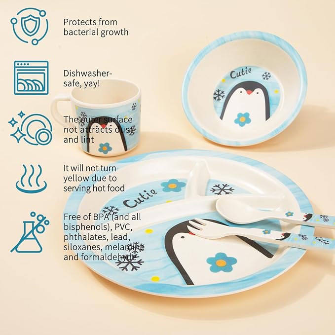 Kids Dinnerware Set, 5-Piece Mealtime Tableware for Children & Toddlers – Includes Divided Plate, Bowl, Cup, Fork & Spoon – Natural Bamboo Fiber, BPA-Free, Dishwasher Safe (Penguin)