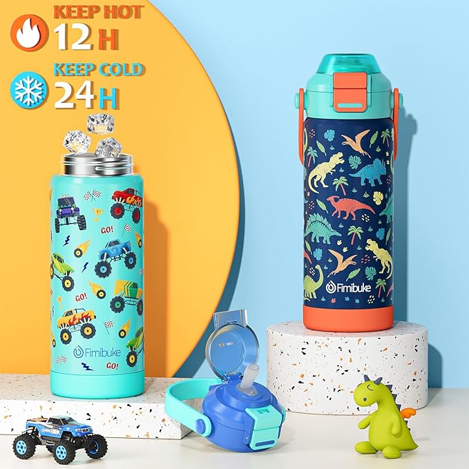 Fimibuke Kids Insulated Water Bottle with Pop-Open Straw & Spout 2-in-1 Lid, 18oz Leak Proof 18/8 Stainless Steel Vacuum Tumbler, BPA-Free Kids Cup For Travel School Boys Girls Toddler 2Packs Macaron