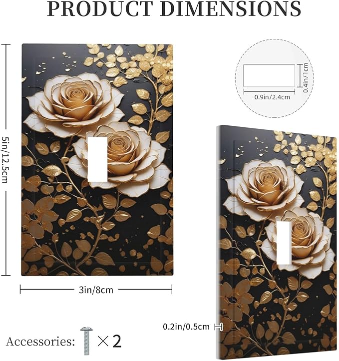 Decorative Light Switch Plate Covers Big Golden White Roses Glod Leaves Black Background 1 Gang Wall Plate Single Toggle Switch Cover Plate Jumbo Electrical Switchplate Receptacle