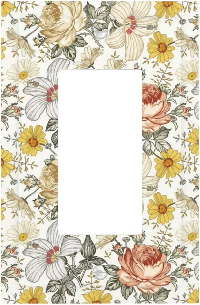 Multicolor Peony Daisy Vintage Floral Flower Decorative Outlet Covers 1 Gang Single Rocker Light Switch Cover Plate Wall Plates GFCI Faceplate for Bedroom Living Room Decor