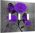 Rose Butterfly Purple Flower 3 Gang Triple Toggle Light Switch Wall Plate Cover Decorative Electrical Faceplate For Girls Grey Floral Room Bedroom Bathroom Decorate 6.7" x 4.8 Large Size
